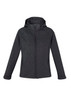 A women's soft shell jacket in dark grey with a textured pattern, featuring a hood and zipper closures.