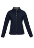 A soft shell jacket in navy blue with a zippered front and side pockets, featuring a logo on the chest.