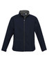 A navy soft shell jacket with a zip front, long sleeves, and side pockets. Features a logo on the chest.