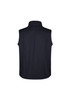 A black men's softshell vest with a high collar and no sleeves, featuring a logo on the back.