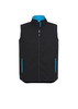 A black men's vest with a blue interior and zippered pockets, featuring a logo on the front.