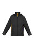 A black unisex jacket with yellow accents and a hood, featuring long sleeves and a zip front, including a logo.