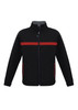 A black unisex soft shell jacket with red stripes and zippered pockets. Features a stand-up collar and has a logo.