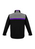 A soft shell jacket featuring a black body with grey and purple detailing, complete with a logo on the back.