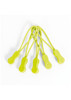 Five light green Zippies clothing accessories with flexible loops. Each features a rounded grip and a thin cord.