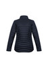 A women's puffer jacket in navy blue, featuring a high collar and a sleek, quilted design.