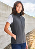 A grey women's vest featuring a zip front and side pockets, worn over a white T-shirt.