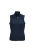 A black women's vest with a zipped front, featuring a high collar and side pockets.