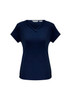 A navy short sleeve top with a double V-neck design. The top has a logo on the label.