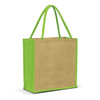A jute tote bag featuring a natural brown body and bright green handles, with a branding logo.