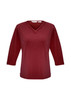 A burgundy women's 3/4 sleeve top featuring a crossover neckline and a branded label.