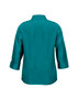 A teal ladies' shirt featuring 3/4 sleeves and a back view. Includes a collar and a branding logo.