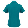 A teal short sleeve button-up shirt with a fitted silhouette and a collar. It features branding on the back.