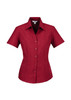 A women's short sleeve button-up shirt in a rich burgundy colour, featuring a tailored fit and a collar.
