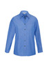 A women's long sleeve button-up shirt in chambray blue with a chest pocket and logo branding.