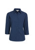 Navy blue women's 3/4 sleeve button-up shirt with a micro check pattern and a logo.