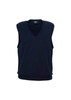 A navy women's V-neck knit vest with a sleeveless design and ribbed waistband, featuring a logo.