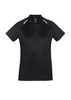 A black women's polo shirt with short sleeves and white detailing, featuring a logo on the chest.