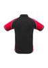 A black and red men's short sleeve polo shirt featuring contrasting piping and a logo.