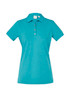 A short sleeve polo shirt in teal with a collar and buttons, featuring a logo.
