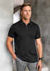 A black short sleeve polo shirt on a man, featuring a contrasting collar and a logo.