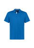 A blue short sleeve polo shirt featuring a collar and a logo. It has contrasting details along the sides.