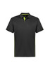 A black polo shirt with green accents and a logo, featuring short sleeves and a collared neckline.