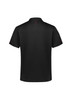 A black short sleeve polo shirt featuring a logo and textured detailing on the shoulders and back.