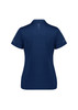 A navy women's short sleeve polo shirt with a subtle logo and decorative detailing on the sleeves.