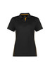 A black short sleeve polo shirt with yellow accents and a logo on the left side.