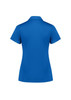 A women's short sleeve polo shirt in a vibrant blue colour, featuring a collar and a logo on the back.