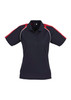 A women's short sleeve polo shirt featuring a navy body with red shoulders and white detailing, including a logo.