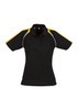 A women's short sleeve polo shirt in black with yellow accents and a logo on the chest area.