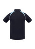 A black short sleeve polo shirt with light blue accents and a logo on the chest area.