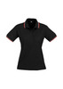 A black women's polo shirt with short sleeves and contrasting trim, featuring a collar and a logo.