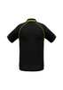 A black short sleeve polo shirt with green detailing and a logo on the chest.