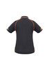 A women's short sleeve polo shirt in black with orange accents and a logo.