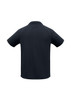 A black men's short sleeve polo shirt featuring a back view and a logo on the back.