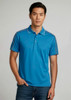 A blue men's short sleeve polo shirt with a collar, featuring a logo and contrasting details on the sleeves.