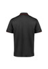 A black short sleeve polo shirt with contrasting trim and a logo on the chest. Plain back view.