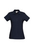 A navy polo shirt for women featuring a collar and button placket, with a logo on the chest area.