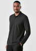 A long sleeve polo shirt in black, featuring a collar and a logo. Model is wearing the shirt.
