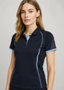 A women's short sleeve polo shirt in navy blue with light blue accents and a logo on the chest.
