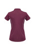 A maroon women's short sleeve polo shirt with white detailing and a logo on the side.