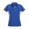 A blue women's short sleeve polo shirt with white accents and a logo on the chest.