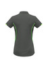 A women's short sleeve polo shirt in grey with green accents and a logo on the back.