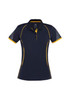 A dark navy women's polo shirt with yellow accents and a logo, featuring short sleeves and a classic collar.