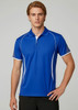 A blue short sleeve polo shirt with contrasting white accents and a collar, featuring a logo.