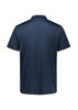 A navy blue short sleeve polo shirt featuring a collar and a subtle pattern, with a logo on the front.
