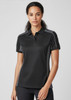 A black unisex short sleeve polo shirt with a contrasting trim and a logo on the chest.